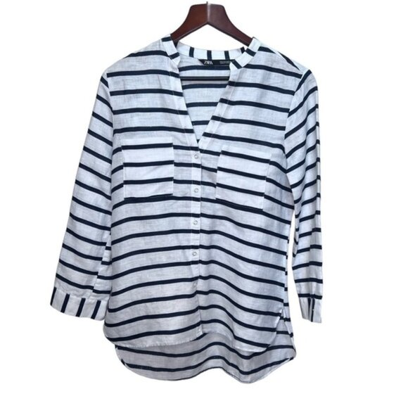 Zara Tops - Zara Striped Blue  White Oversized Linen Shirt Size Small